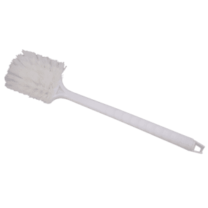 White plastic dish brush with a long handle.