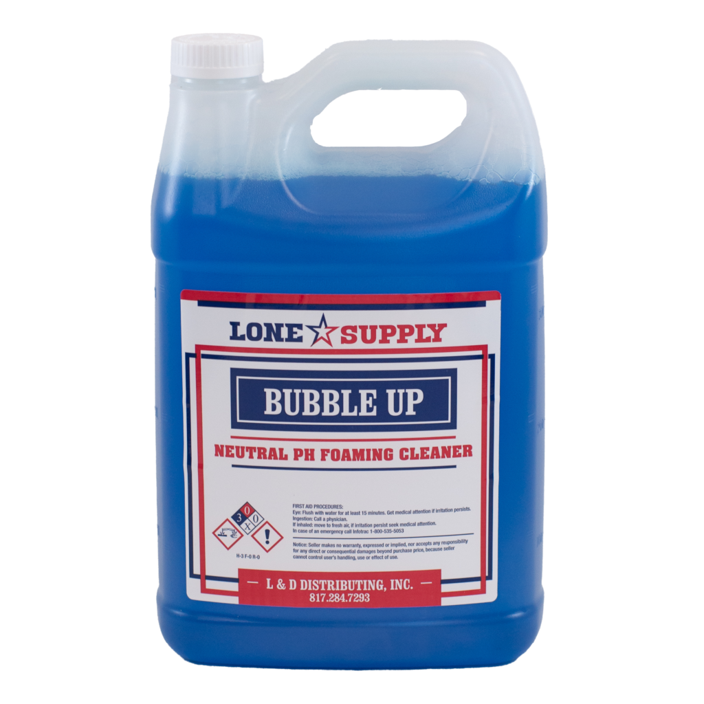 A blue liquid cleaning solution in a plastic container labeled 'Bubble Up'.