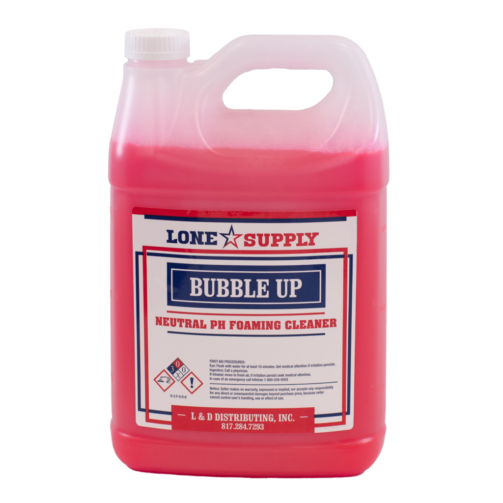 A red liquid container labeled Bubble Up, a premium pool phosphate remover.