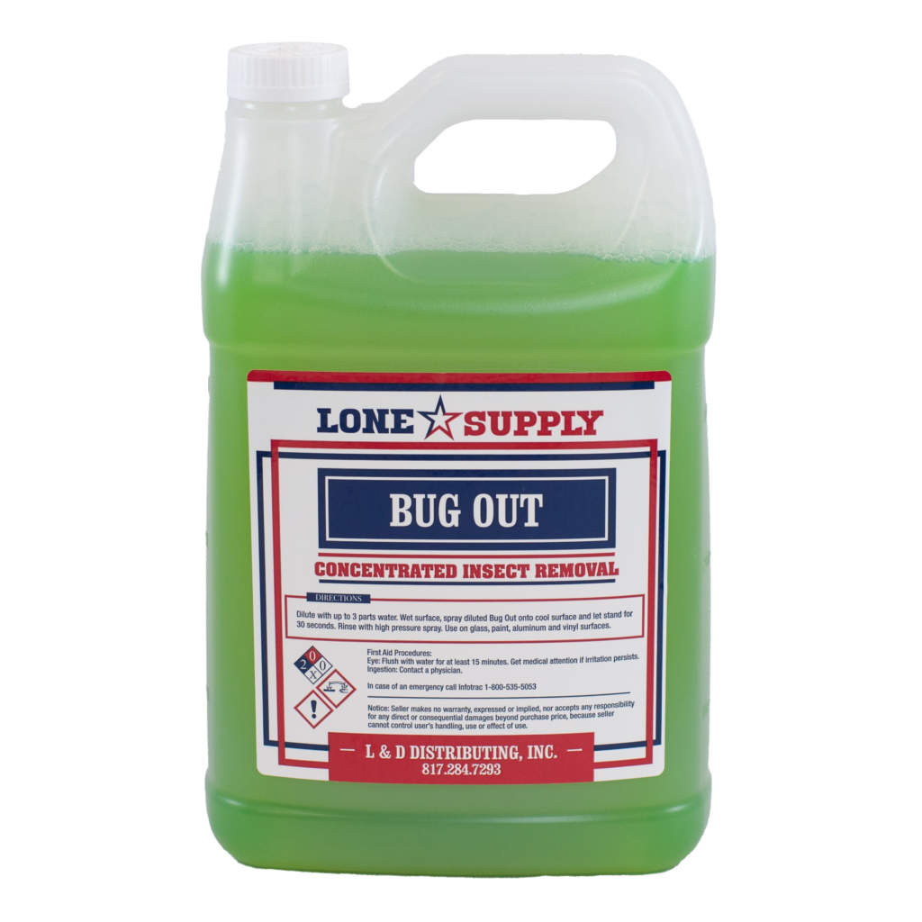 Green bug repellent liquid in a plastic container labeled Bug Out.