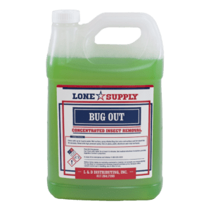 Green bug repellent liquid in a plastic container labeled Bug Out.