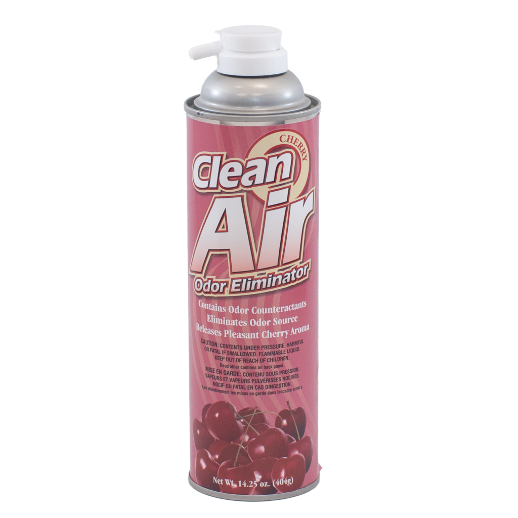 A can of Clean Air air freshener with cherry scent.