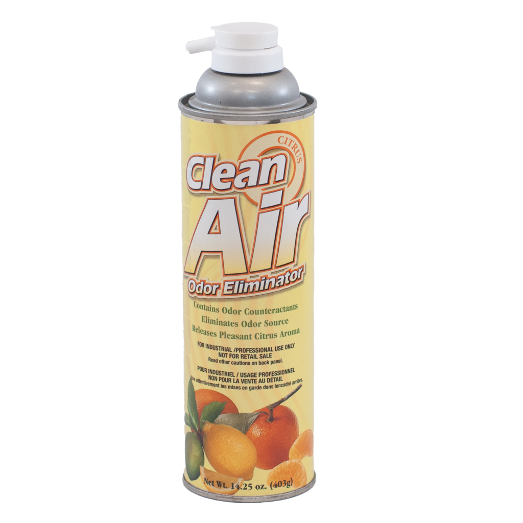 A can of Clean Air air freshener spray with citrus scent.