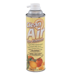 A can of Clean Air air freshener spray with citrus scent.