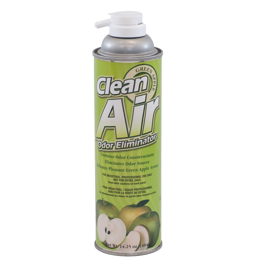 A can of Clean Air odor eliminator spray with a green label.