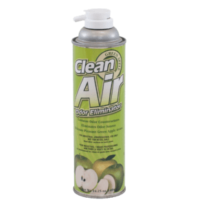 A can of Clean Air odor eliminator spray with a green label.