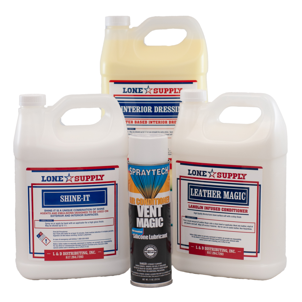 Cleaning products including degreaser and vent cleaner.