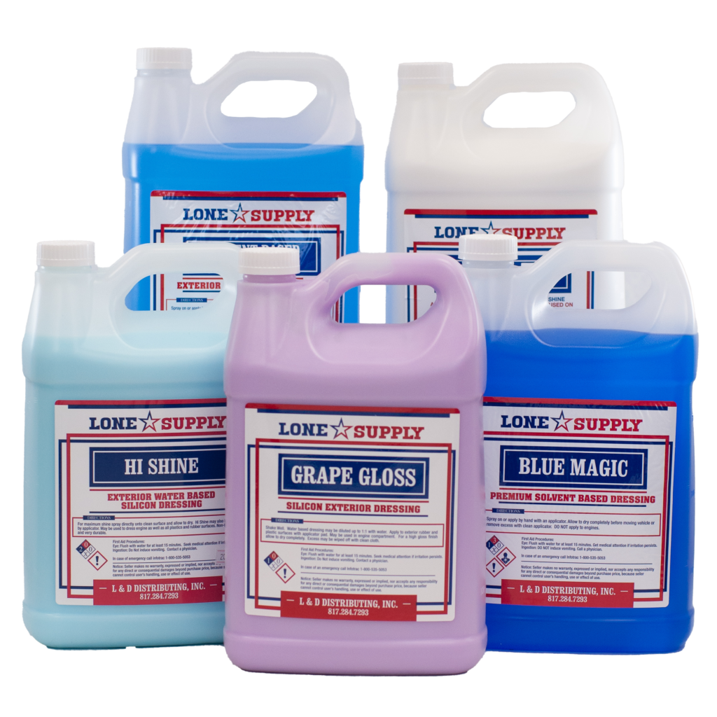 Various large containers of cleaning and maintenance chemicals.