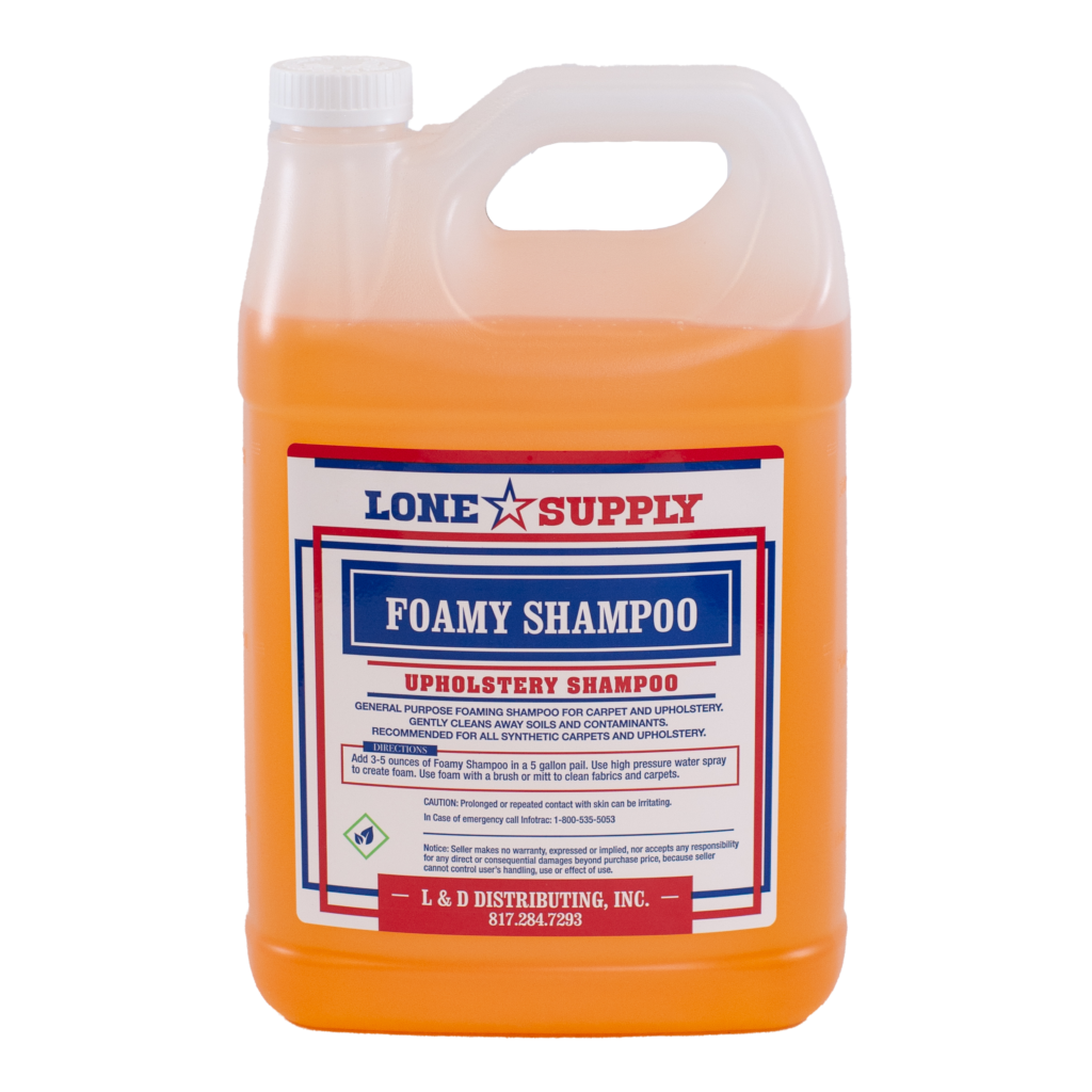 Large container of foamy shampoo for laundry use.