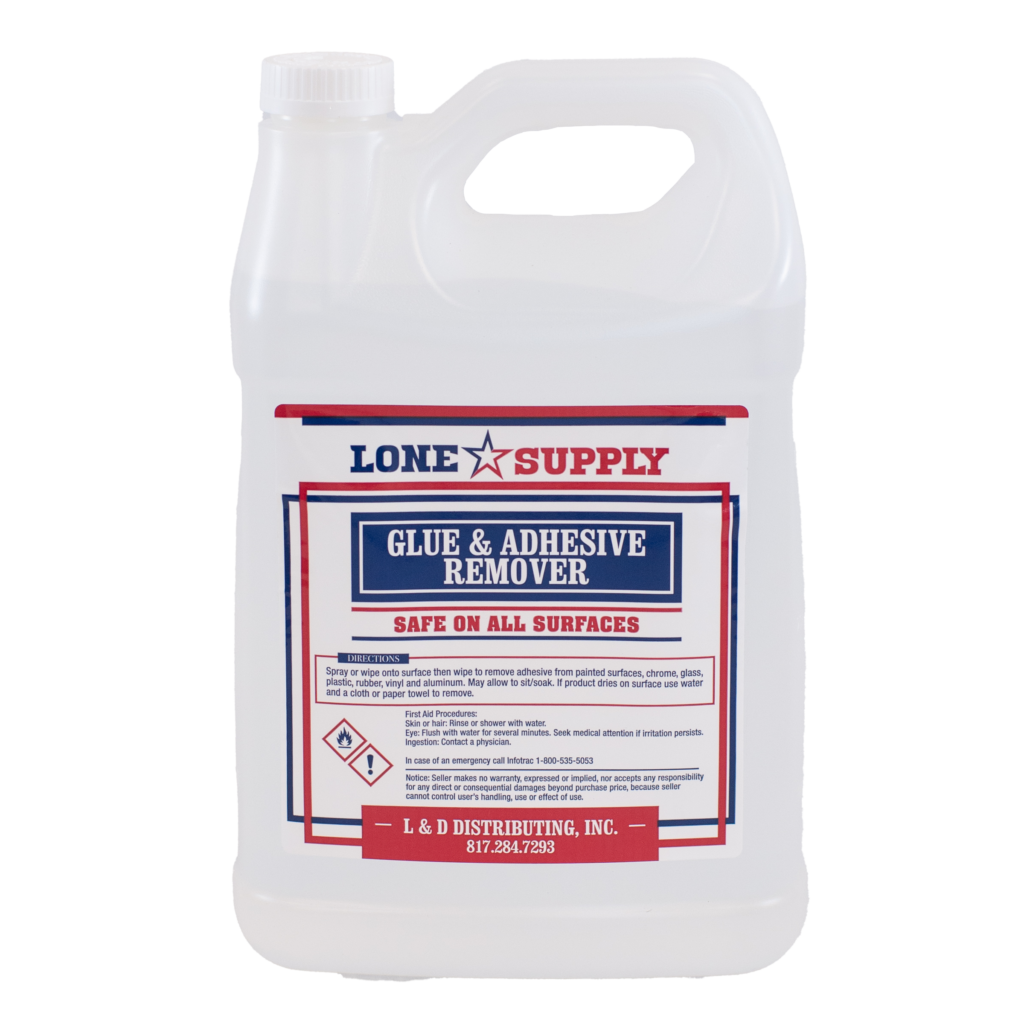 A gallon jug of Lone Star Supply Glue & Adhesive Remover.