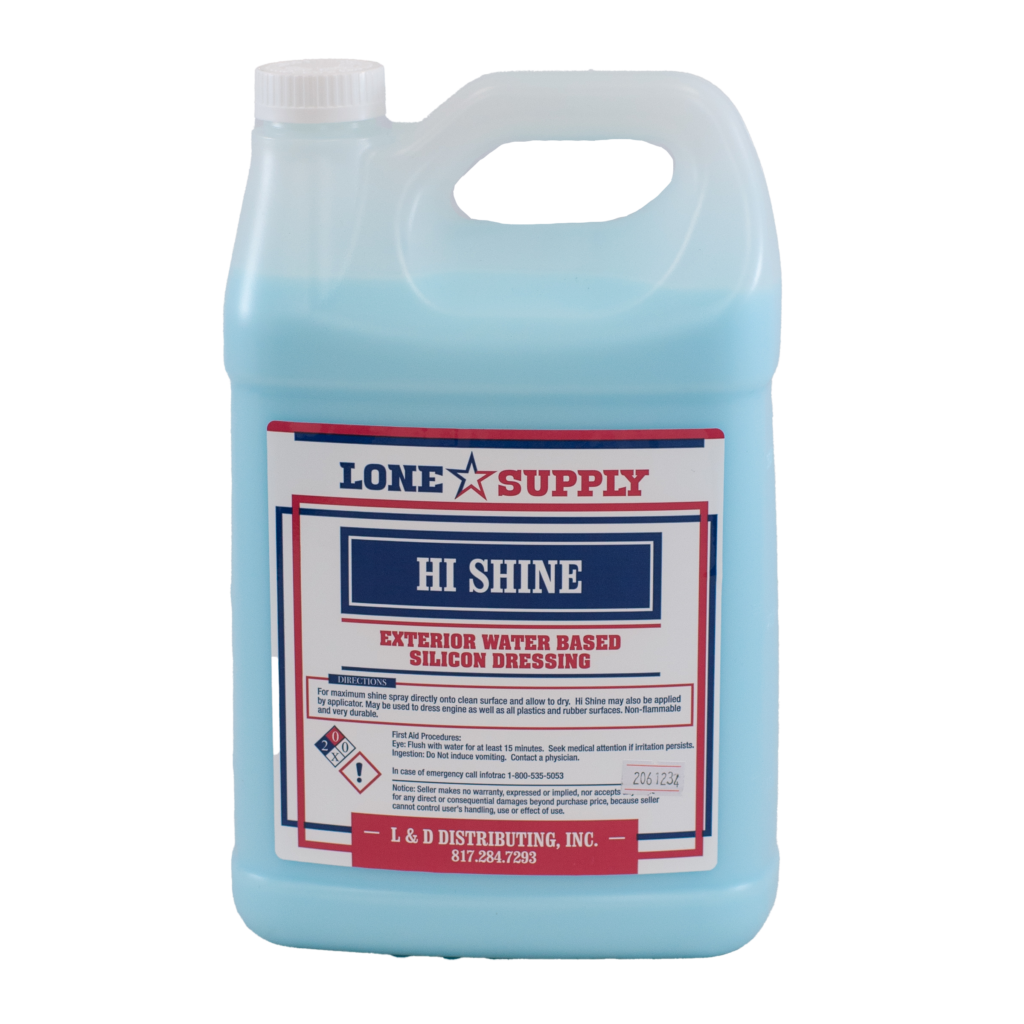 A container of blue liquid labeled 'Oil Shine' from Loke Supply.