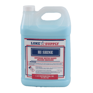 A container of blue liquid labeled 'Oil Shine' from Loke Supply.