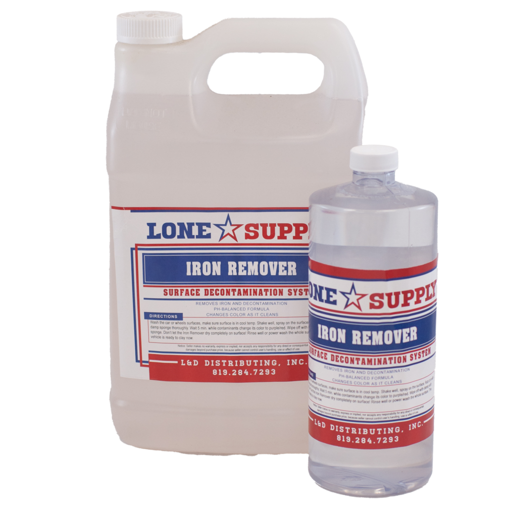Two bottles of Lone Supp Iron Remover for pool maintenance.
