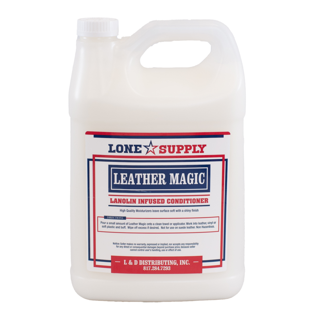 A white jug of Lone Star Supply Leather Magic cleaner.