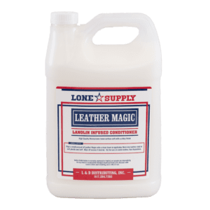 A white jug of Lone Star Supply Leather Magic cleaner.