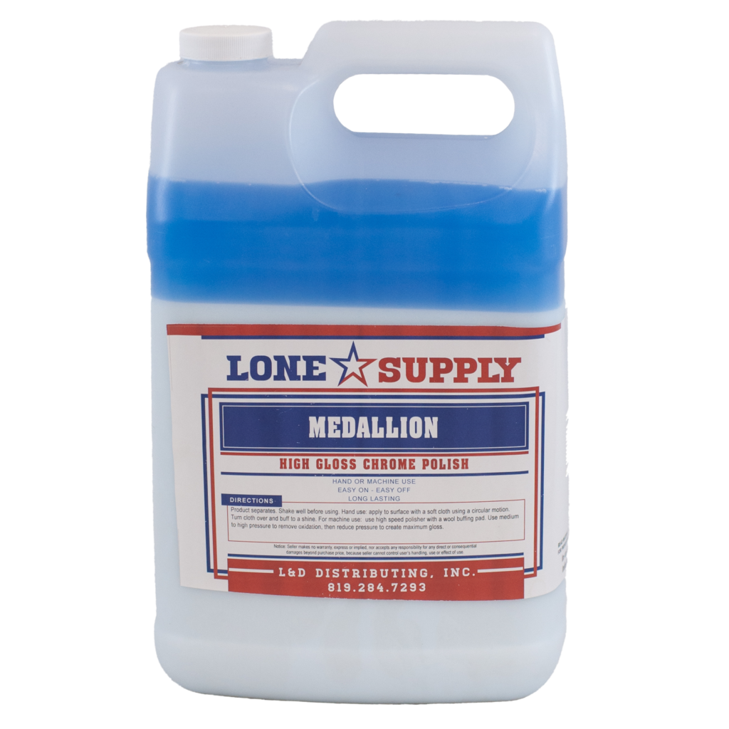 Blue industrial cleaner in a white plastic jug labeled Medallion.