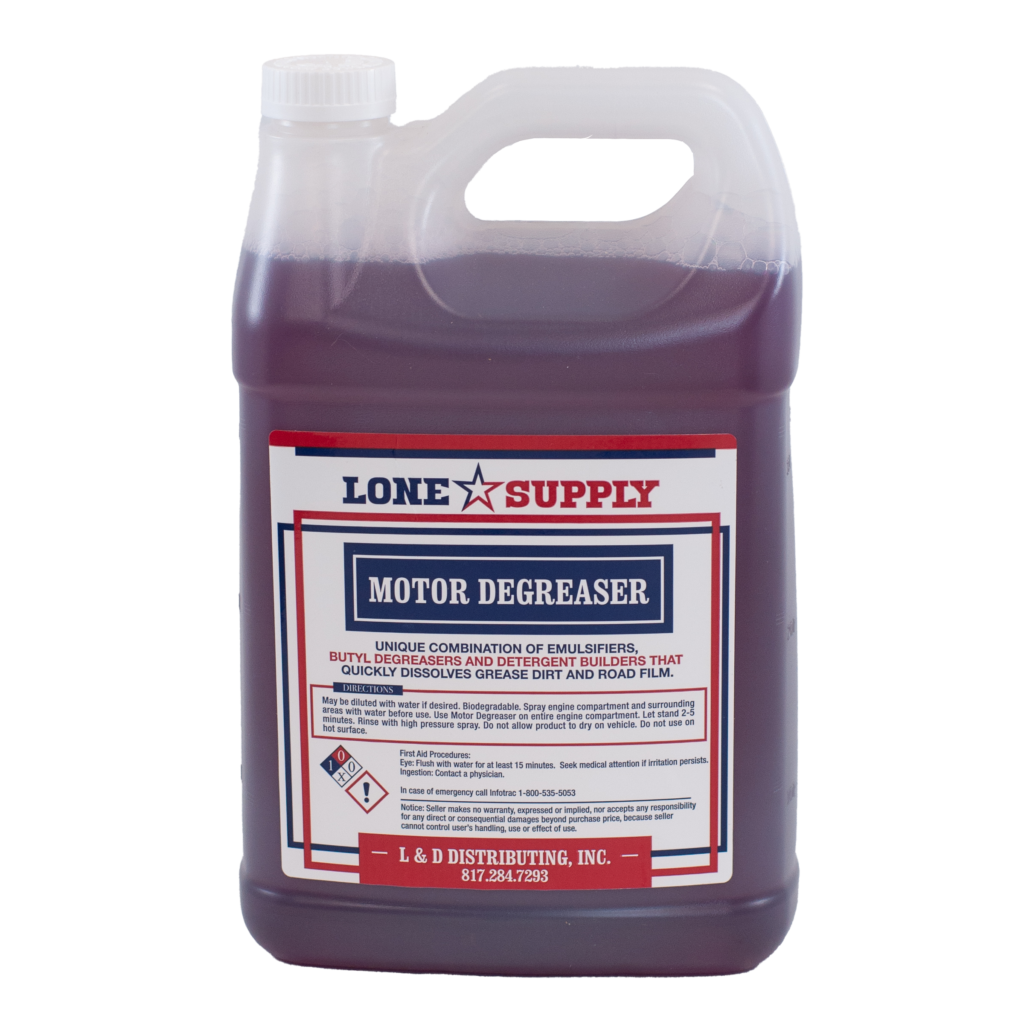 A container of Lone Star Supply Motor Degreaser with a measuring chamber.