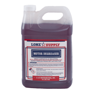 A container of Lone Star Supply Motor Degreaser with a measuring chamber.