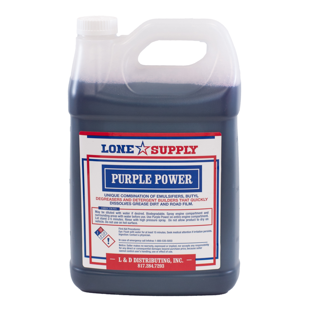 A gallon container of Long Supply Purple Power cleaner.