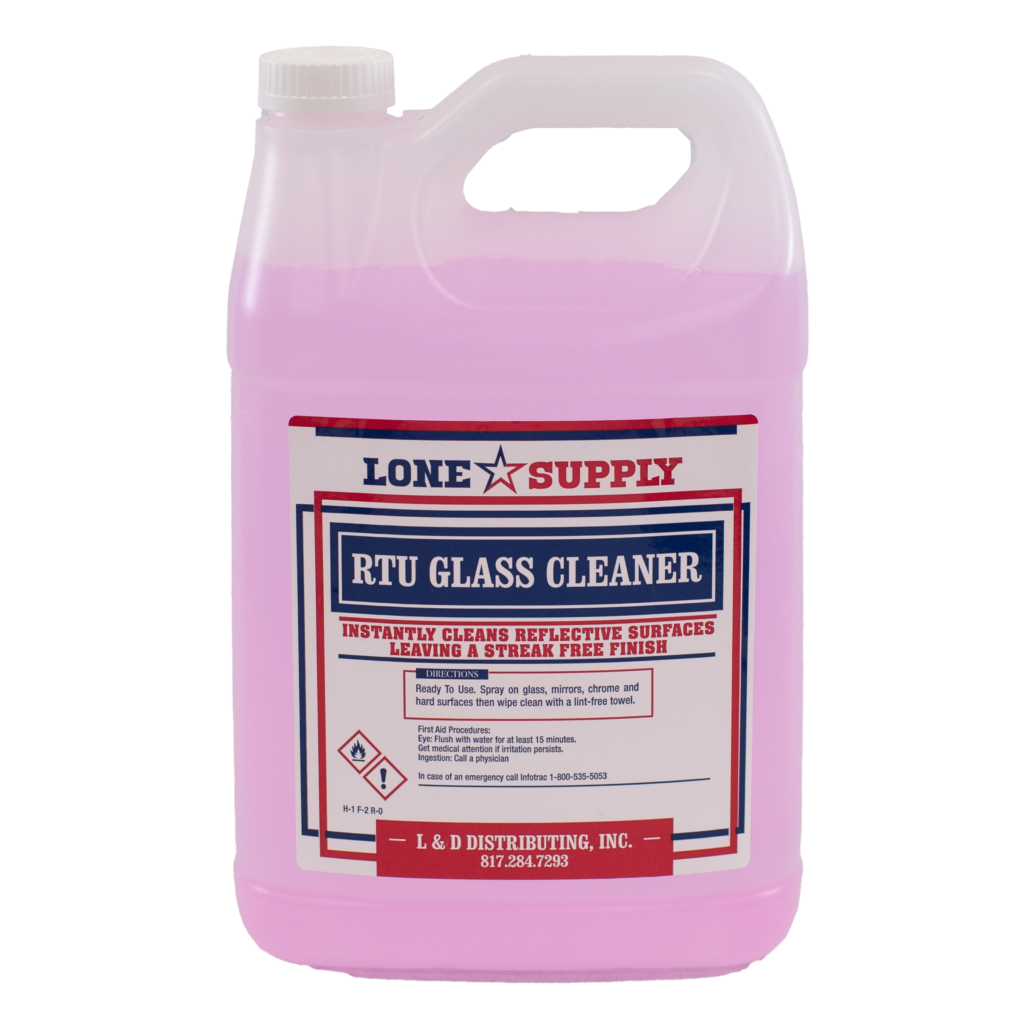Pink RTU Glass Cleaner in a plastic jug with a handle.