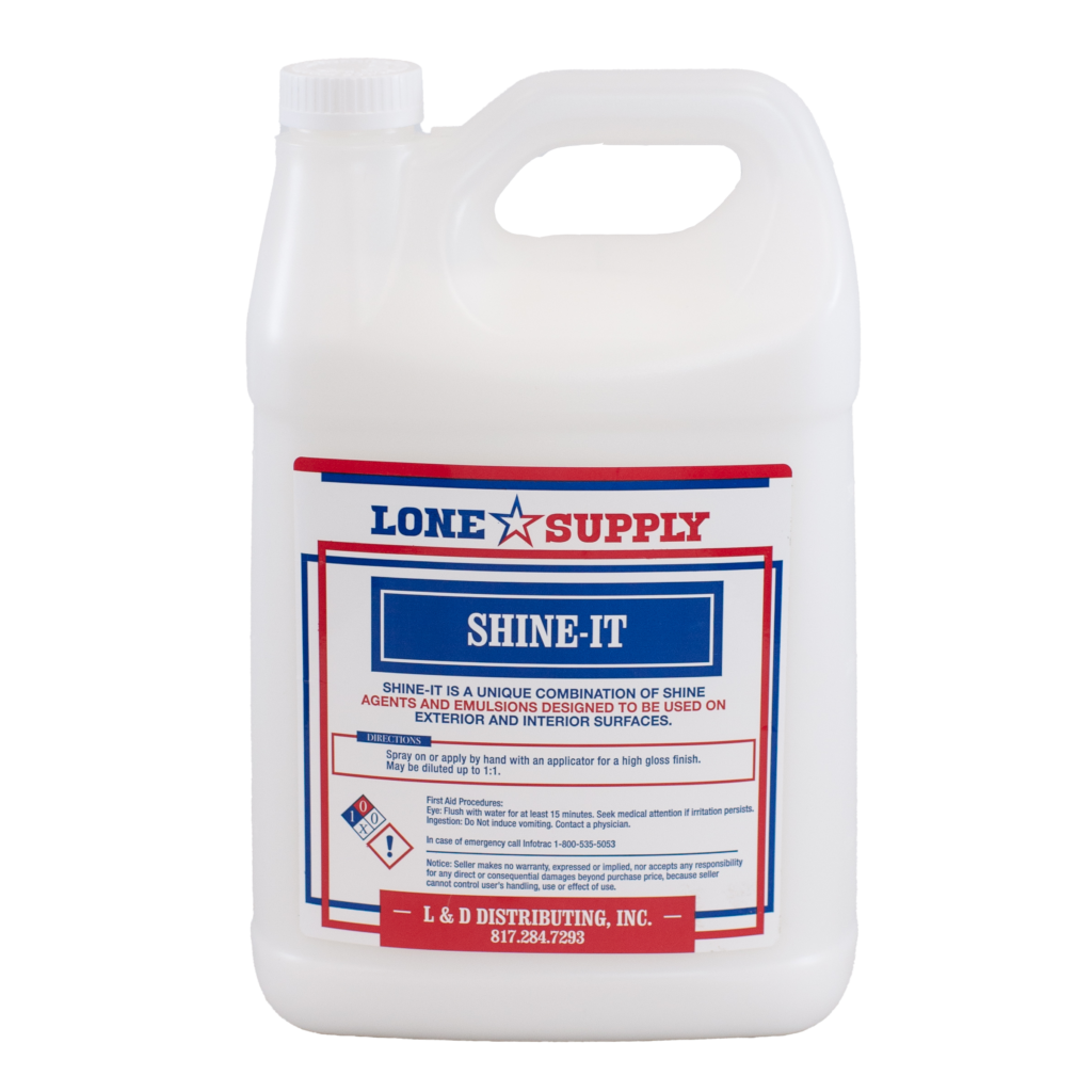 A gallon container of Lone Star Supply Shine-It cleaner.
