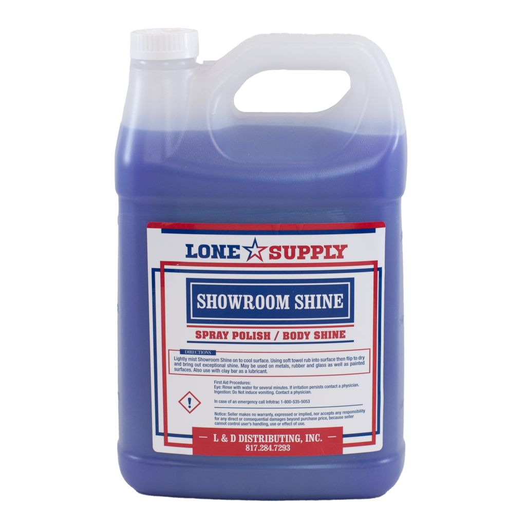 Bottle of Lone Supply Showroom Shine cleaner with blue liquid.