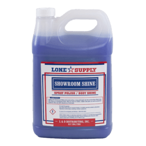 Bottle of Lone Supply Showroom Shine cleaner with blue liquid.