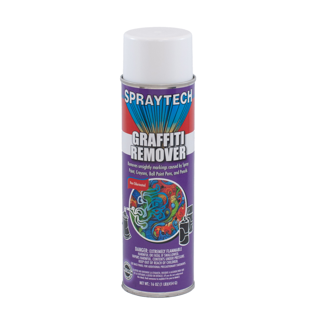 Spraytech graffiti remover aerosol can with colorful label.