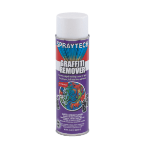 Spraytech graffiti remover aerosol can with colorful label.