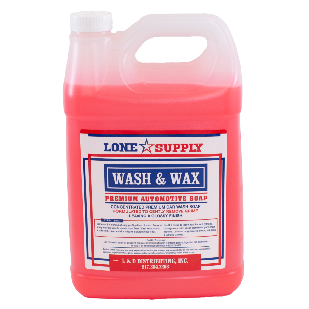 A red container of Lone Supper Wash & Wax car cleaning solution.