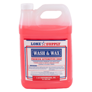 A red container of Lone Supper Wash & Wax car cleaning solution.