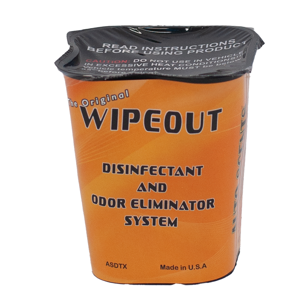 Container of Wipeout disinfectant and odor eliminator system wipes.