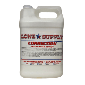 A white gallon container labeled Lone Supply Correction, used for cleaning or correction purposes.